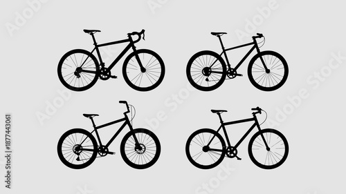A minimalist illustration depicts four black silhouette bicycles arranged in a grid pattern against a soft grey background showcasing cycling equipment high quality professional detailed modern
