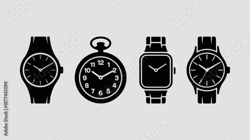 a collection of four distinct timekeeping devices is displayed featuring a classic wristwatch a pocket watch a modern smartwatch and another wristwatch high quality professional detailed