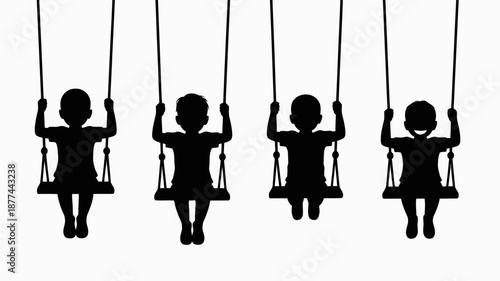 a depiction of four silhouetted children joyfully swinging on individual swings suspended against a clean white background conveying a sense of playful motion high quality professional