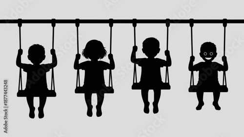 a minimalist depiction showcases four silhouetted children joyfully swinging on a playground swing set against a plain background high quality professional detailed modern elegant stylish clean