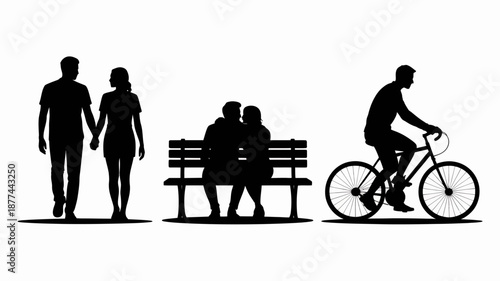 a silhouetted depiction of people enjoying outdoor activities including walking sitting on a park bench and cycling showcasing a peaceful lifestyle high quality professional detailed modern