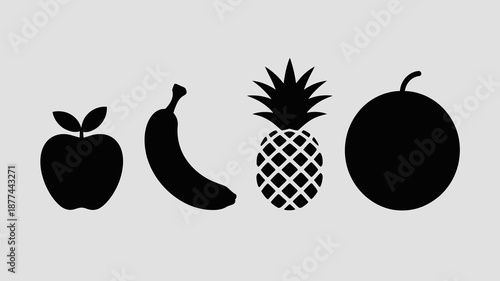 a simple illustration depicts four distinct fruits an apple banana pineapple and watermelon rendered in a black silhouette style high quality professional detailed modern elegant stylish