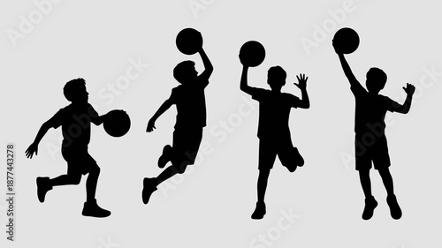 a simple black silhouette illustration depicts four figures dynamically engaged in the act of playing basketball showcasing movement and athleticism high quality professional detailed modern elegant