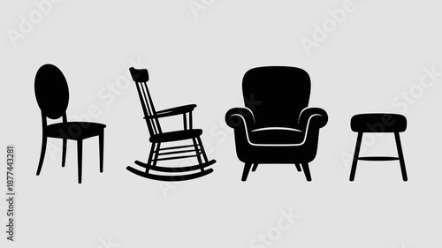 a minimalistic illustration displaying a collection of four different black furniture silhouettes against a light gray backdrop high quality professional detailed modern elegant stylish clean crisp