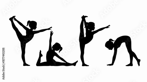 a silhouette depiction of four individuals engaged in various yoga poses showcasing flexibility and balance in a minimalist style high quality professional detailed modern elegant stylish