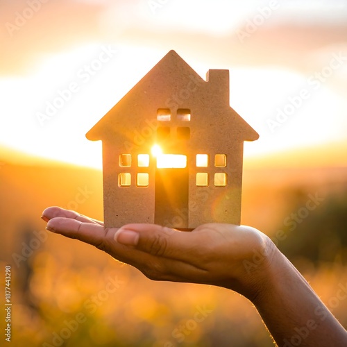 A hand holding a small house model against a sunset background