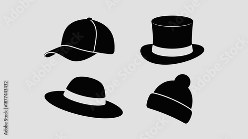 a simple illustration showcases four distinct types of hats in black silhouette against a light gray background presenting varied headwear styles high quality professional detailed modern
