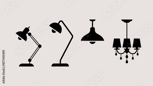 a minimalistic depiction of various lighting fixtures including table lamps a floor lamp and ornate chandeliers in black silhouettes high quality professional detailed modern elegant stylish