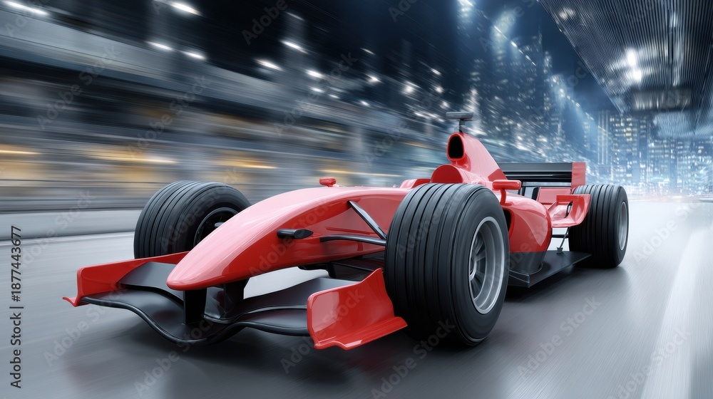 Fototapeta premium Fast red race car driving on city street at night with bright lights in the background