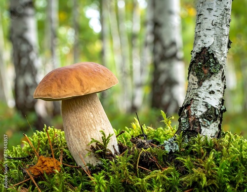 A large, tan-capped mushroom grows from moss near a birch tree in a blurred-background forest scene