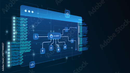 AI workflow automation artificial intelligence. ai agent network diagram dashboard machine learning flow process and automation system.