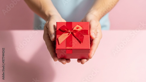 Hands presenting a red gift box with ribbon pastel background