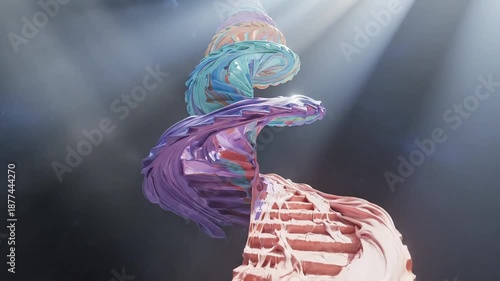 Surreal 3D art piece featuring reflective surfaces and abstract design elements in a dramatic, atmospheric environment with dynamic lighting.