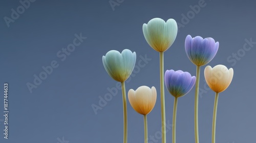 Elegant blossoms stand tall in a serene gradient landscape reflecting calming beauty and nature's artistry at dusk. Spring Begins,  Spring Equinox