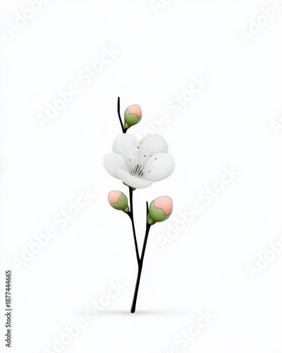 Minimalist botanical line art showcases delicate white blossoms on slender stems with soft pink buds in a serene composition. Spring Begins,  Spring Equinox