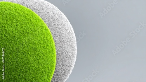 Minimalist abstract art piece blending circular shapes in vibrant green and soft gray tones. Spring Begins,  Spring Equinox