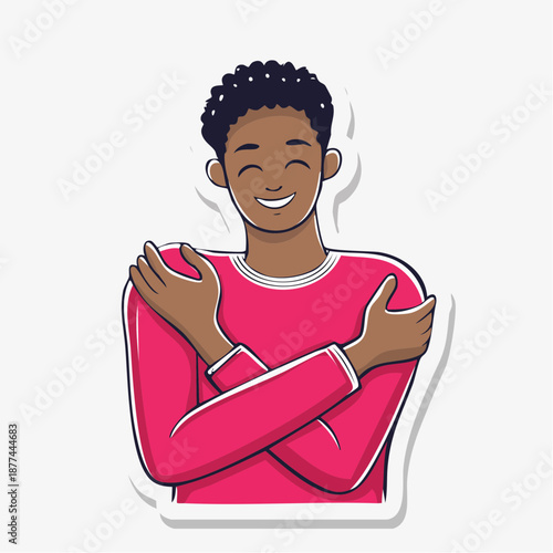 Illustration of a young man showing affection, embodying the Love Language of physical touch, in a vibrant pink sweater, captured from a front viewpoint