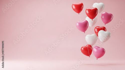Heart-shaped balloons floating against soft pink background romantic theme minimal and clean style