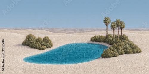 Revival of life amidst arid surroundings with a tranquil oasis surrounded by palm trees. World Water Day