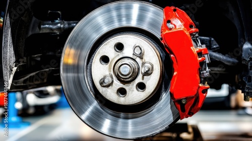 Close up view of a car wheel and brake system in an auto shop during daytime