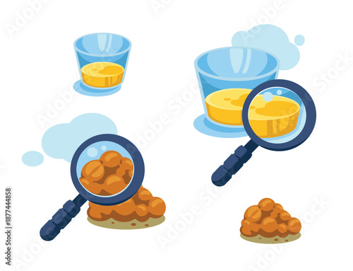 Medical illustration Concept of Stool Examination and Urine Examination. Analyzes Magnifying Glass Over
