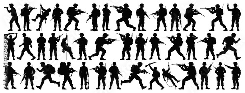 Military Soldiers and Infantry Silhouette Set with Combat Actions and Weapons on Transparent Background