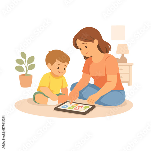 Mother Assisting Child During Tablet Based Learning