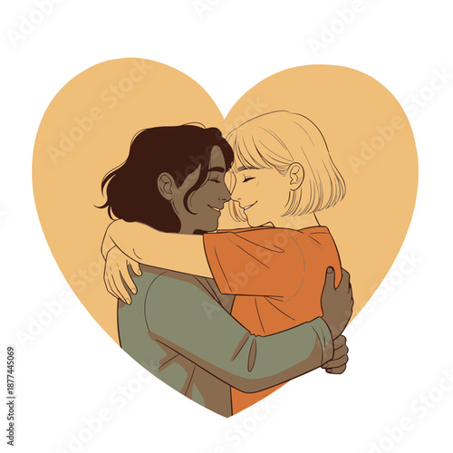 Two women embracing in a heart-shaped illustration, showing love language through affection, tenderness, and warmth in a gentle, serene environment