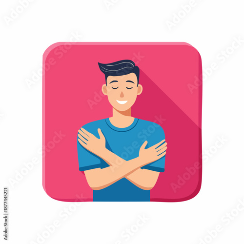 A man expressing self love through his body language in a vibrant red background