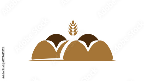 A minimalist illustration of landscape featuring rounded shapes and a stylized wheat stalk