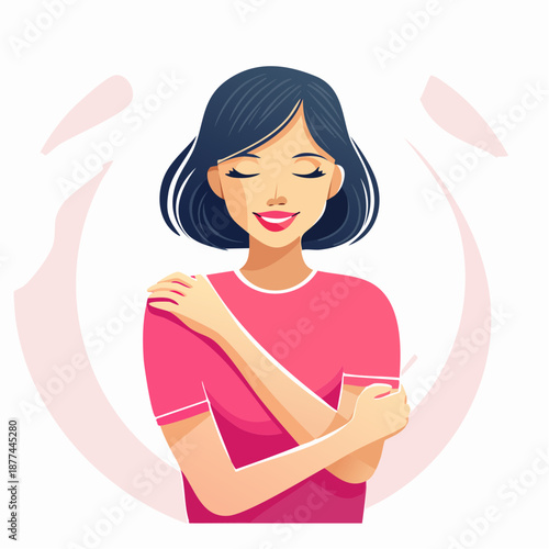 A woman embracing herself with a warm smile, conveying self-love as a universal love language, in a simple illustration style