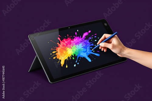 Graphic Designer Drawing on Digital Tablet with Vibrant Rainbow Paint Splash on Dark Background