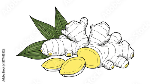 Hand drawn ginger root with leaves on white background