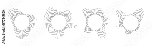 Circular sound visualization with radial wave line pattern vector set. Abstract audio spectrum ring geometric burst shape. Music equalizer graphics with concentric line elements for modern design.