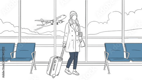 Traveler with luggage at airport gate watching airplane take off