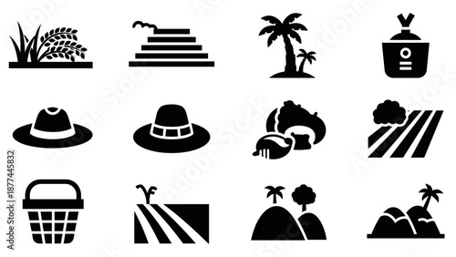 Agricultural silhouettes: farming, crops, and landscapes in black icons
