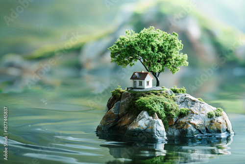 An artistic conceptualization of investment growth, showing a miniature house under a lush tree on an isolated rock in the water