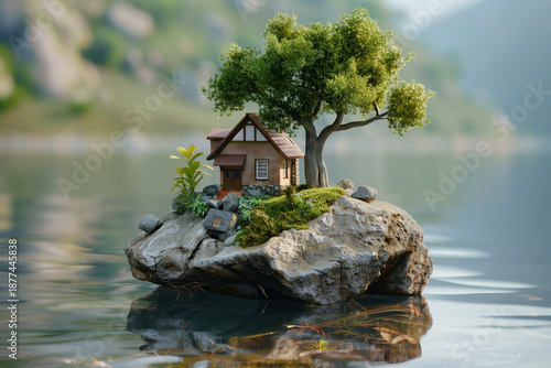 An artistic conceptualization of investment growth, showing a miniature house under a lush tree on an isolated rock in the water