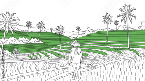 Farmer overlooking lush green rice terraces with palm trees in line art style