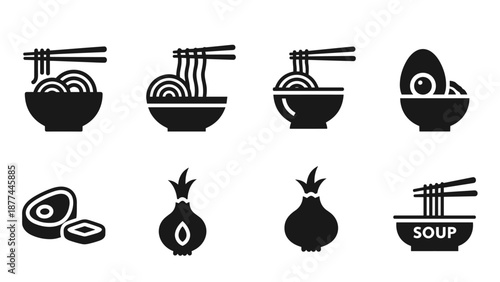 Minimalist ramen icons set featuring noodles, eggs, and toppings
