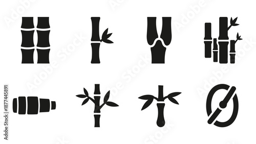 Black silhouette bamboo icons set: minimalist nature collection