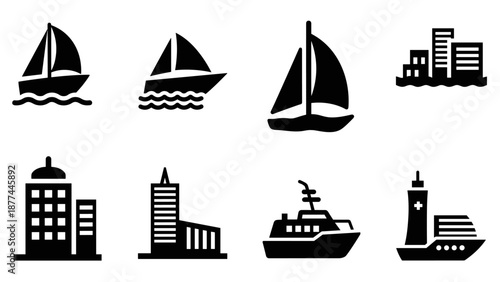 Silhouette icons of boats and buildings: nautical and urban style