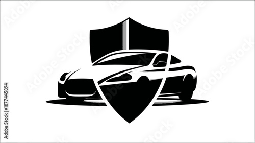 A black and white illustration of a sports car protected by two shield-shaped designs