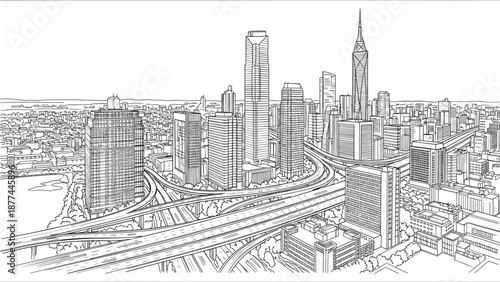 Detailed linear cityscape with highways and skyscrapers against horizon