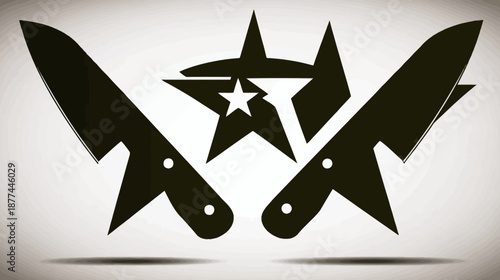 Silhouetted illustration of two knives flanking a star motif on a gradient background