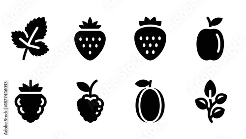 Silhouette icons of strawberries, apples, berries, and leaves