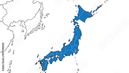 Japan map outline with regions highlighted in blue