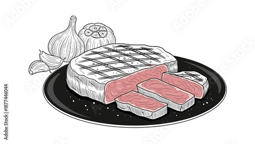 Hand drawn grilled steak with garlic on plate illustration
