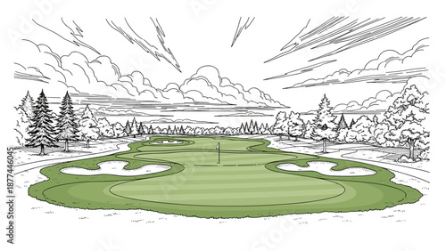 Scenic golf course landscape in detailed line art with dramatic cloudscape