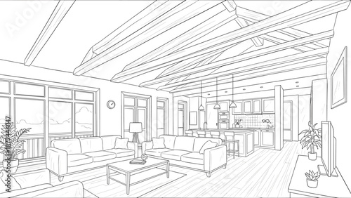 Modern living room with exposed beams and open kitchen in linear style